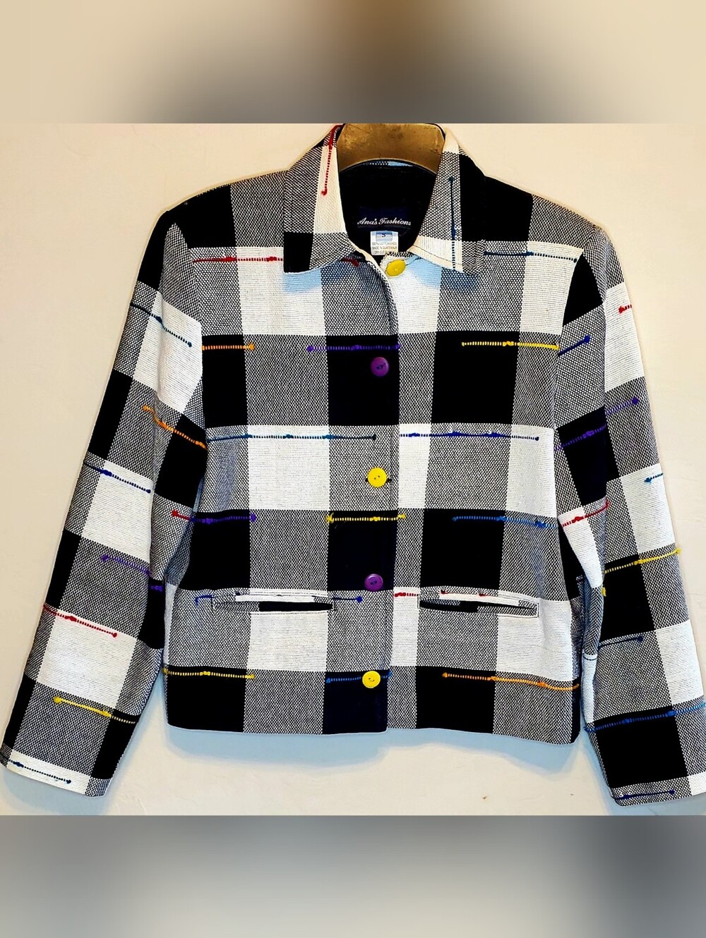 Vintage Ana’s Fashion Button Up Jacket SMALL Black White Plaid Cotton Shacket
